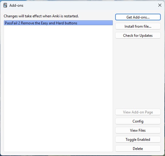 Another screenshot showing the list of Anki add-ons already installed and the button to get new add-ons.